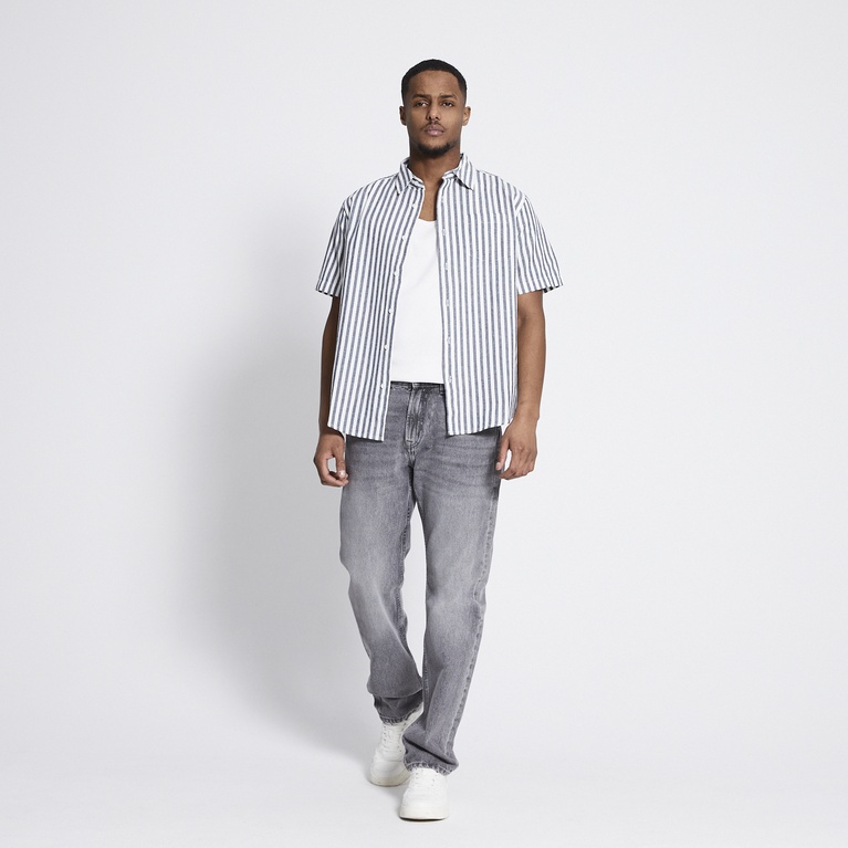 Short sleeve linen blend shirt "Isak Stripe" Dark Blue